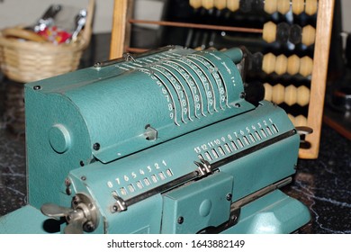 Counting Machine Iron Felix. An Ancient Mechanical Device For Mathematical Calculations. It Was Used For Accounting. Museum Exhibit, Made In The USSR.