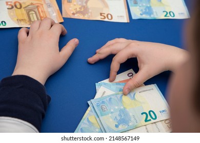 Counting Money For A Rent. Saving Money Concept. Finance, Business, Investment. Keeping Savings At Home. Spending Cash For Unexpected Expense, Unplanned Losses, Real Estate, Debts, Taxes.