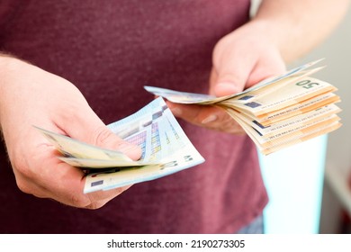 Counting Money For A Rent. Saving Money Concept. Finance, Business, Investment. Keeping Savings At Home. Spending Cash For Unexpected Expense, Unplanned Losses, Real Estate, Debts, Taxes.
