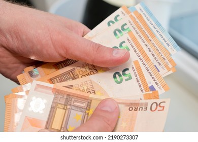 Counting Money For A Rent. Saving Money Concept. Finance, Business, Investment. Keeping Savings At Home. Spending Cash For Unexpected Expense, Unplanned Losses, Real Estate, Debts, Taxes.
