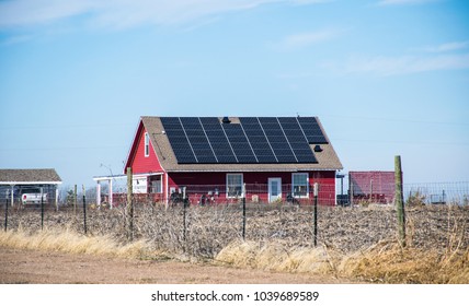 Country Farm House With Solar Panels On The Rooftop Providing Clean Renewable Energy For This Country Ranch Home In Central Texas On The Farm