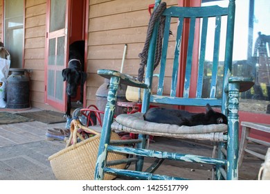 Country Farmhouse Front Porch With Antiques And Well Worn Shoes