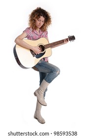 Country girl with a guitar against white background.