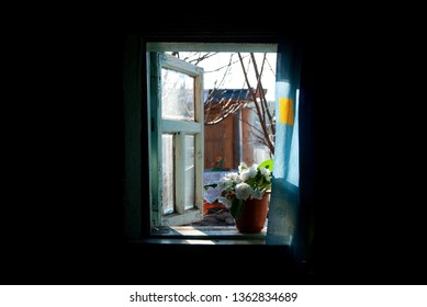 Country House. Open Window On A Sunny Spring Landscape. On The Windowsill In A Pot Blooms A White Flower. Good Morning.