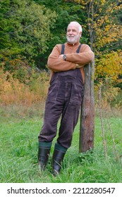 In a country house style with dungarees, sweater and rubber boots, an older man leans against a wooden post in the meadow in front of the colorful autumn forest and enjoys the beautiful view.