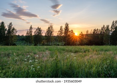 country landscape with green meadow and blue sky above. simple countryside - Shutterstock ID 1935603049