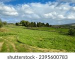 Country landscape, with open fields, dry stone walls, trees, and farm buildings, on a windswept day near, Haworth, UK