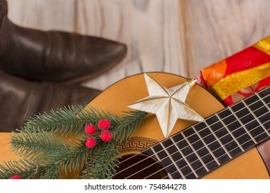 Country Music Background With Guitar And Christmas Decoration 