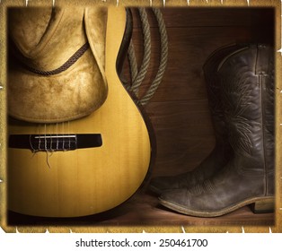 Country music background with guitar and cowboy clothes