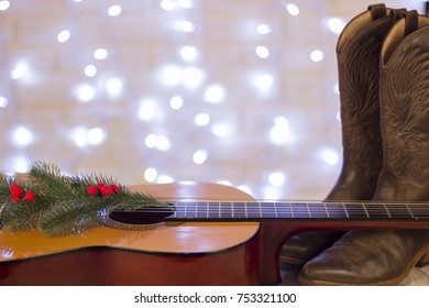 Country Music Christmas Background With Acoustic Guitar And Cowboy Shoes