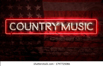 Country Music Pop Art Word Neon Sigh With American Flag Grunge Brick Graffiti Wall