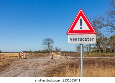 Country path  with a road sign indicating caution, inscription below reading: Cattle Grid, trees in the background in the Dutch nature reserve Natuurpoort Vennenhorst in North Brabant, Netherlands