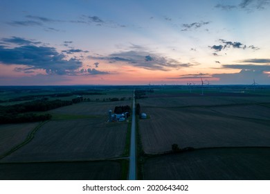 Country Road At Dusk Sunset Farm Field