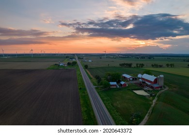 Country Road At Dusk Sunset Farms And Field