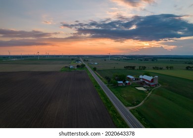 Country Road At Dusk Sunset Farms And Field