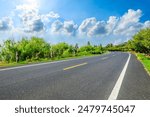 Country road and green tree with sky clouds on a sunny day