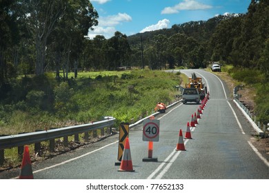 Country Road Lane Closed Repair Construction Works Machinery Workers Traffic Closed And Restricted Slow