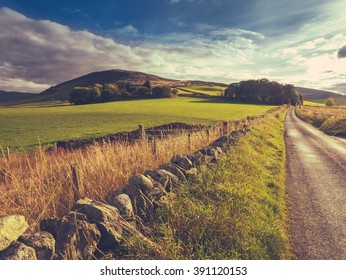 Country Road Or Lane And Dry Stone Wall Through Scottish Rural Lanscape At Dusk