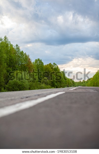 Country road with markings in the middle of the\
forest. Path and forward movement in the sun. Beautiful, green\
forest in the spring at sunset. Concept for success in the future\
goal and passing time