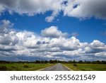 Country road in the midle of green fields with cloudy sky above. High quality photo