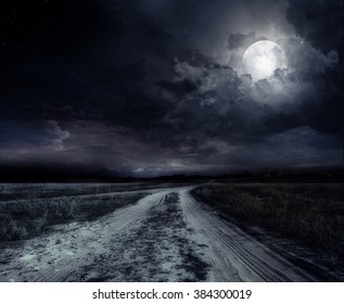 Country Road At Night With Large Moon