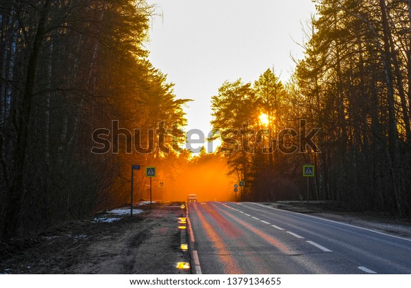 Country road
at a spring at sunset in Moscow
region