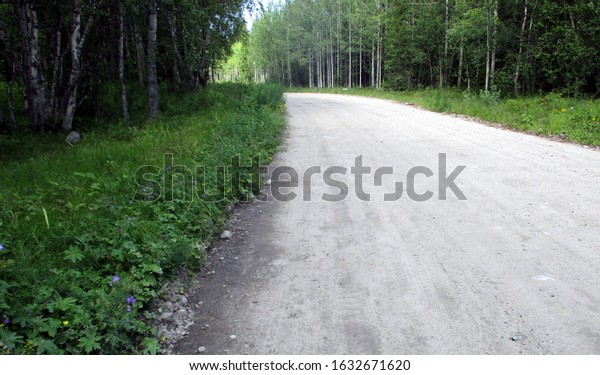 Country road surrounded by boreal forest. Not\
paved, but smooth. No people or cars. Midsummer. Taken in\
Arkhangelsk region,\
Russia.