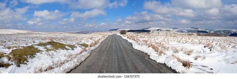 Country Road Winter Snow Panorama, Mynydd Epynt, Wales UK