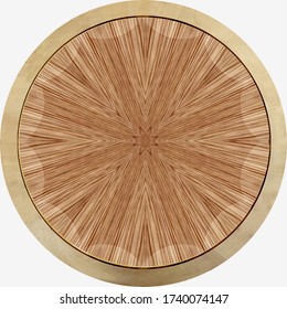 Country Round Table Top View, Centered Grain Pattern Beach Wood With Light Brown Bordered Frame