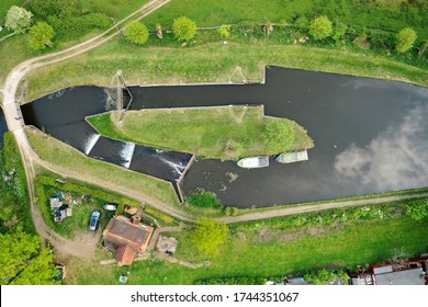 Country Side Canal Lock Boating Aerial View From Above