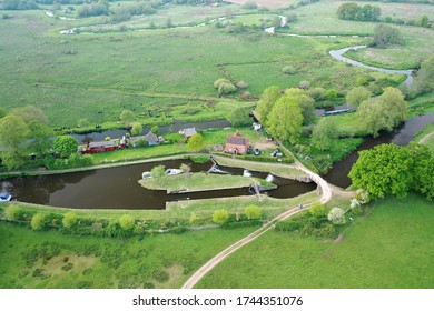 Country Side Canal Lock Boating Aerial View From Above