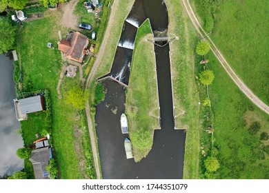 Country Side Canal Lock Boating Aerial View From Above