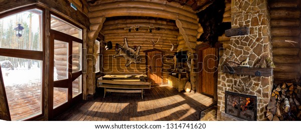 Country Style Interior Hunter Chalet Fireplace Stock Photo Edit