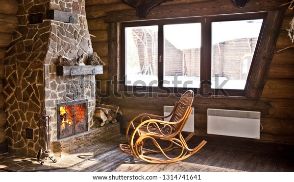 Country Style Interior Hunter Chalet Fireplace Stock Image