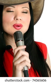 A Country And Western Singer Entertainer Performing.  White Background.