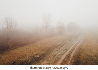 Countryside Dirt Road In Foggy Winter Morning, Diminishing Perspective