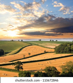 Countryside In England With Straw Bales, Devon Country