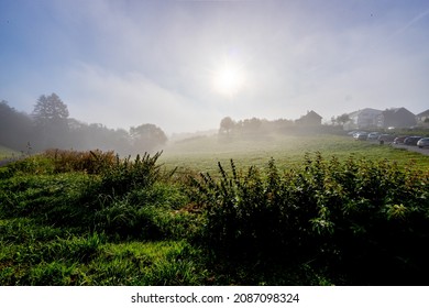 Countryside landscape with hills covered with green grass, wild plants, lush trees covered with mist in the background, country road, parked cars and houses, cold foggy summer morning in Luxembourg