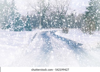 Countryside Road During Snow Storm