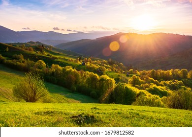 countryside scenery in mountains at sunset. beautiful landscape of carpathians with meadows rolling through forested hills in evening light. wonderful weather in springtime