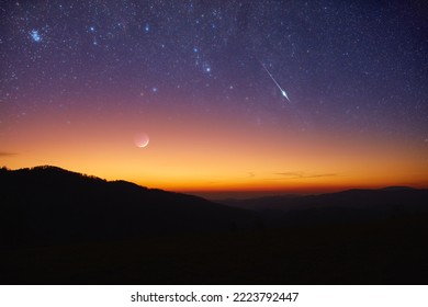 Countryside silhouettes with Moon, stars, planets and shooting stars.