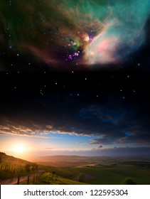 Countryside sunset landscape and planets in night sky Elements this image furnished by NASA gov