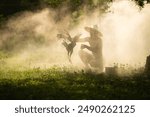 Countryside villagers practicing their cockfighting for competition