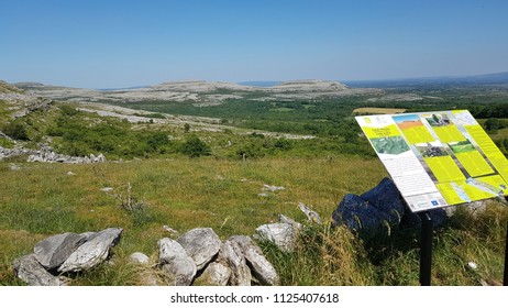 County Clare, Ireland - July 1st 2018: The Burren National Park In County Clare Ireland. New Geopark Global Geotourism Attraction With Tourist Information Sign. Unesco Heritage. 