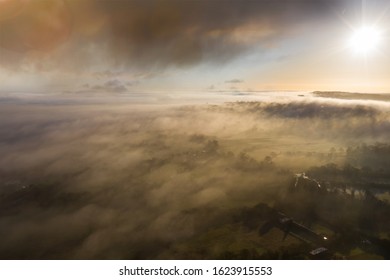 County Durham Countryside Aerial View With Foggy Weather