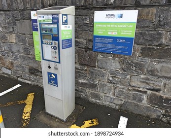 County Louth, Ireland, 19th December 2020. Car Parking Ticket Machine Metre At Drogheda Train Station Car Park.