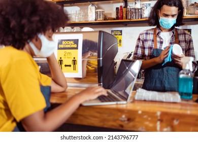 Couple African American Woman And Asian Man Is Stressed Because Of The Effects Of The Coronavirus Pandemic Resulting In Business Losses.the Impact Of A Small Self-employed Business.