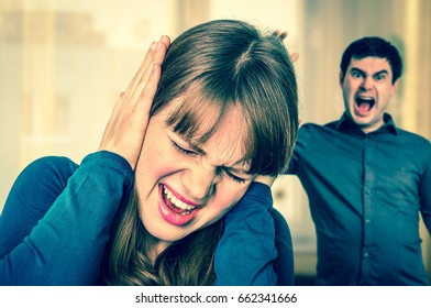 Couple Arguing At Home, Angry Man Screaming At His Wife - Retro Style