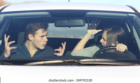 Couple arguing while she is driving a car in a dangerous situation