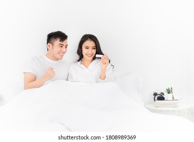 Couple Asian People Feeling Happy After Asian Female Use Pregnancy Test, They Feeling Ready To Wedding, Contraceptive Plan